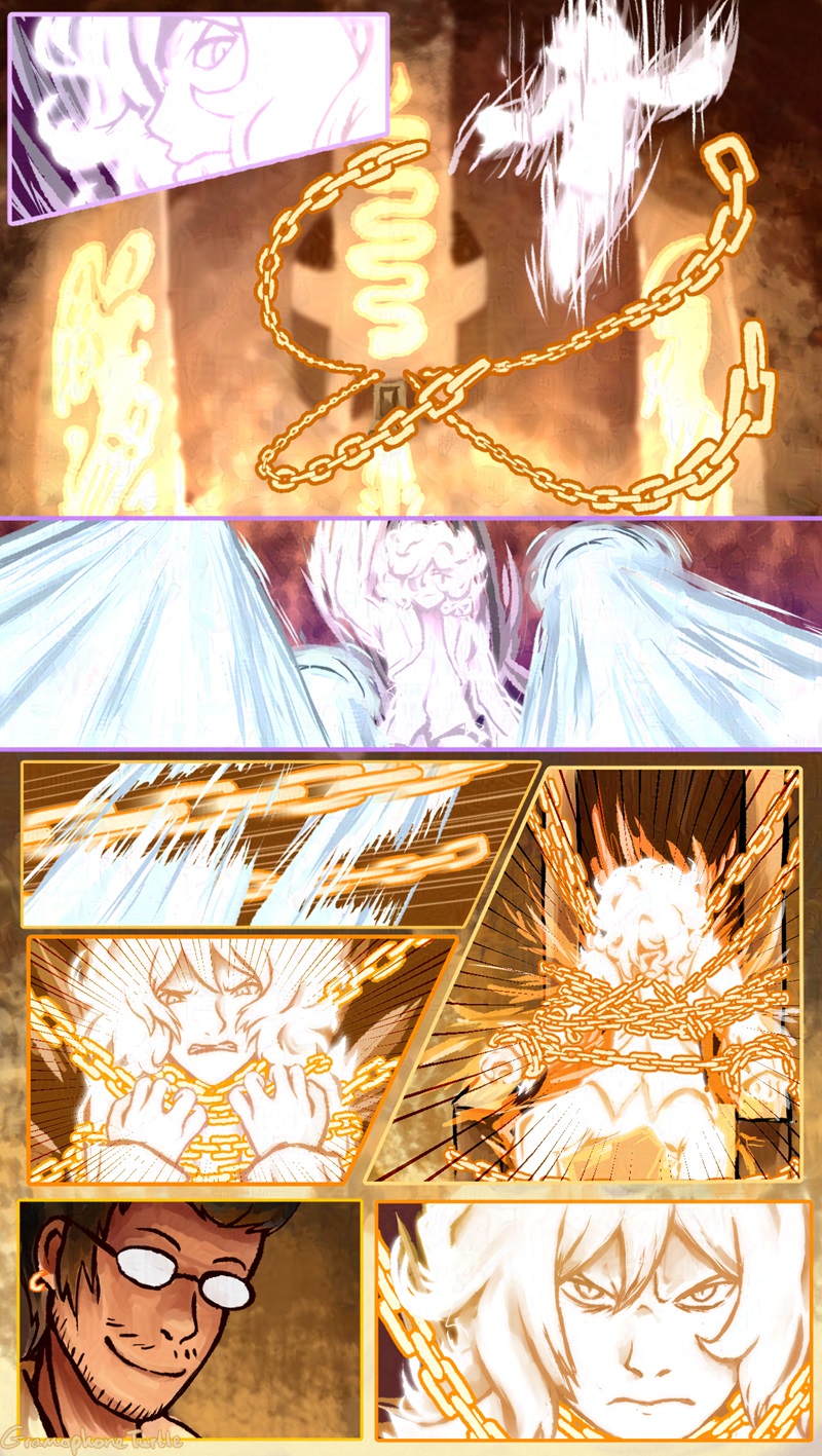 The Composer flies up and away from the throne room chains and fire back white beams from above. The chains cut through the beams, bind the Composer, and bind him to the throne. The Angel smiles and the Composer glares back.