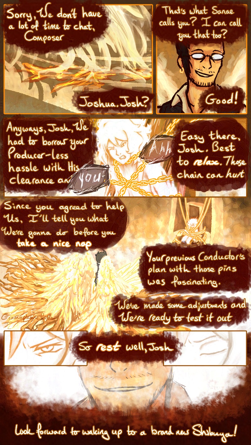 The Angel monologues as their wings merge into the floor and light up the room. They monologue at the Composer as they put him to sleep.