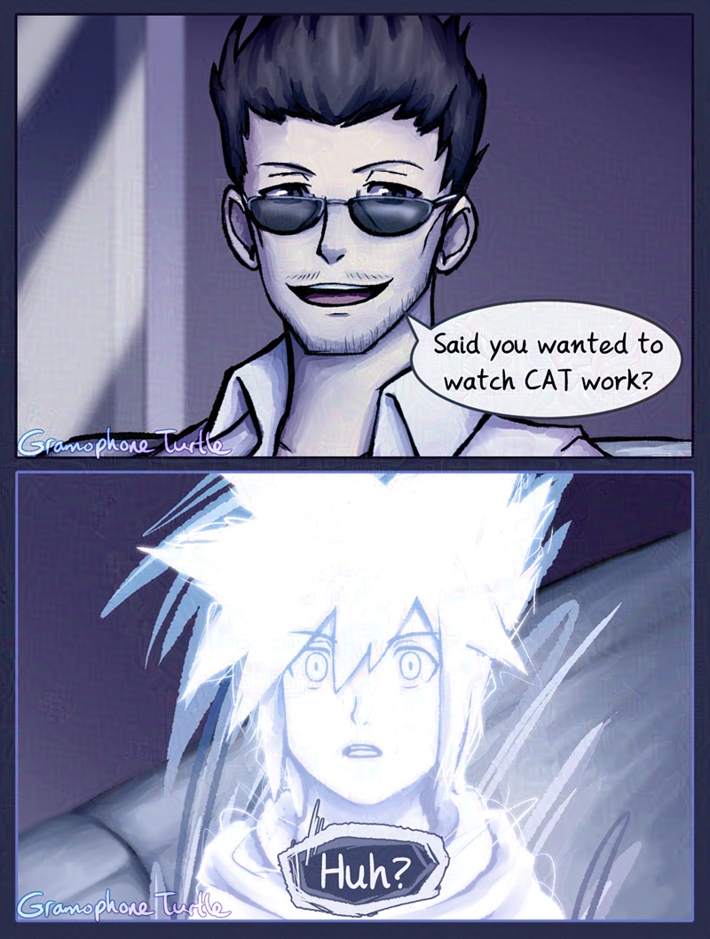Art of Hanekoma asking "You said you wantted to watch CAT work?" and Neku responds with "Huh?"
