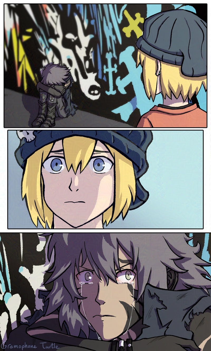 Comic page 1 of 2 of Rhyme running into Minamimoto at the Udagawa CAT Mural, from The World Ends With You. She finds Sho Minamimoto sitting with his legs drawn up to his chest. He's wearing dark tattered clothing and has black Taboo markings on his arms.