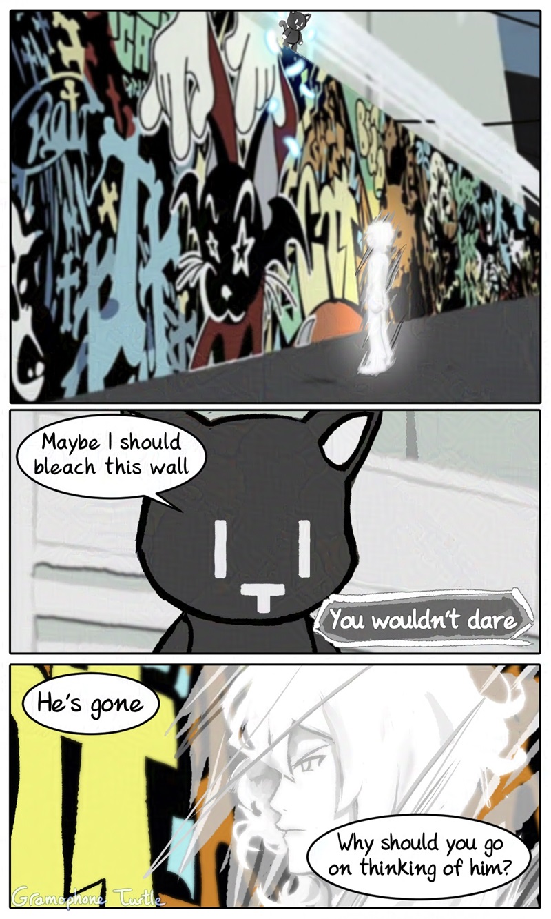 Comic page 2 of 2 Joshua and Mr Mew by the Udagawa CAT Mural. Mr. Mew says "Maybe I should bleach this wall," and Joshua replies "You wouldn't dare." Mr. Mew counters back with, "He's gone. Why should you go on thinking of him?"