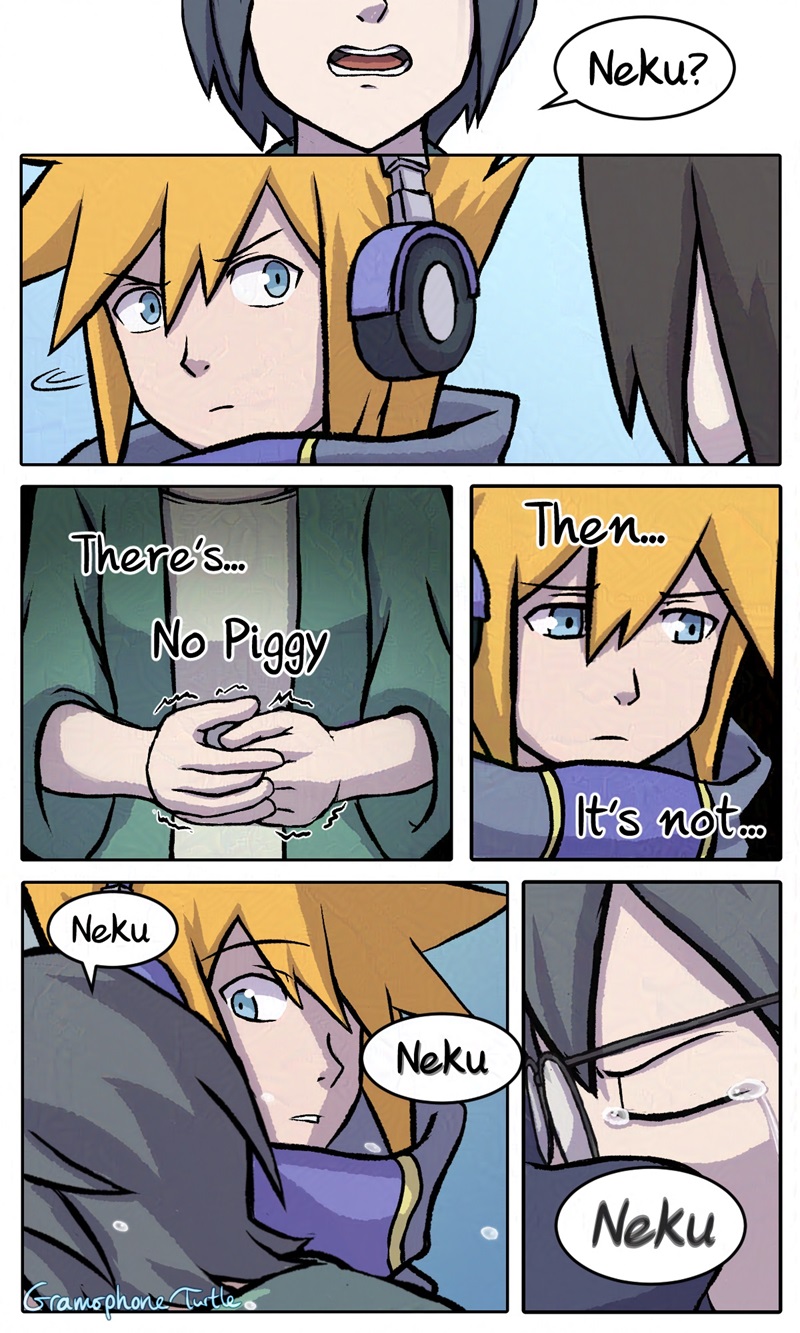 Comic page 1 of 2 of Shiki and Neku's reunion from The World Ends With You. Shiki calls Neku's name. Neku doesn't recognize her and is disappointed that this unfamiliar girl is not holding Mr. Mew. Shiki throws herself at Neku and hugs him tightly, saying his name over & over.