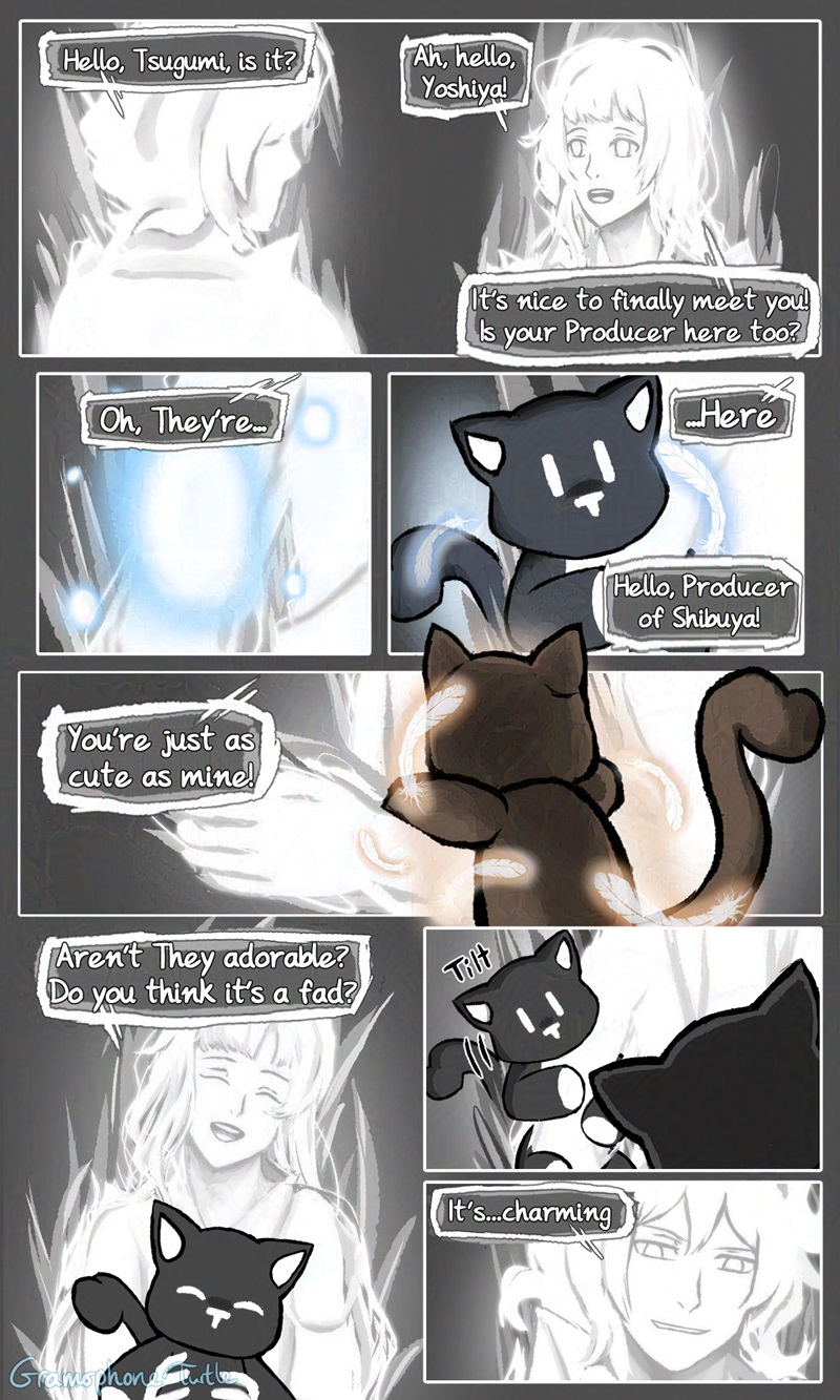 Digital comic of Composer Joshua and Composer Tsugumi meeting up. They introduce their own Producers to one another, who are both using Mr. Mew bodies. Tsugumi wonders if it's a fad, and Joshua is not a fan.