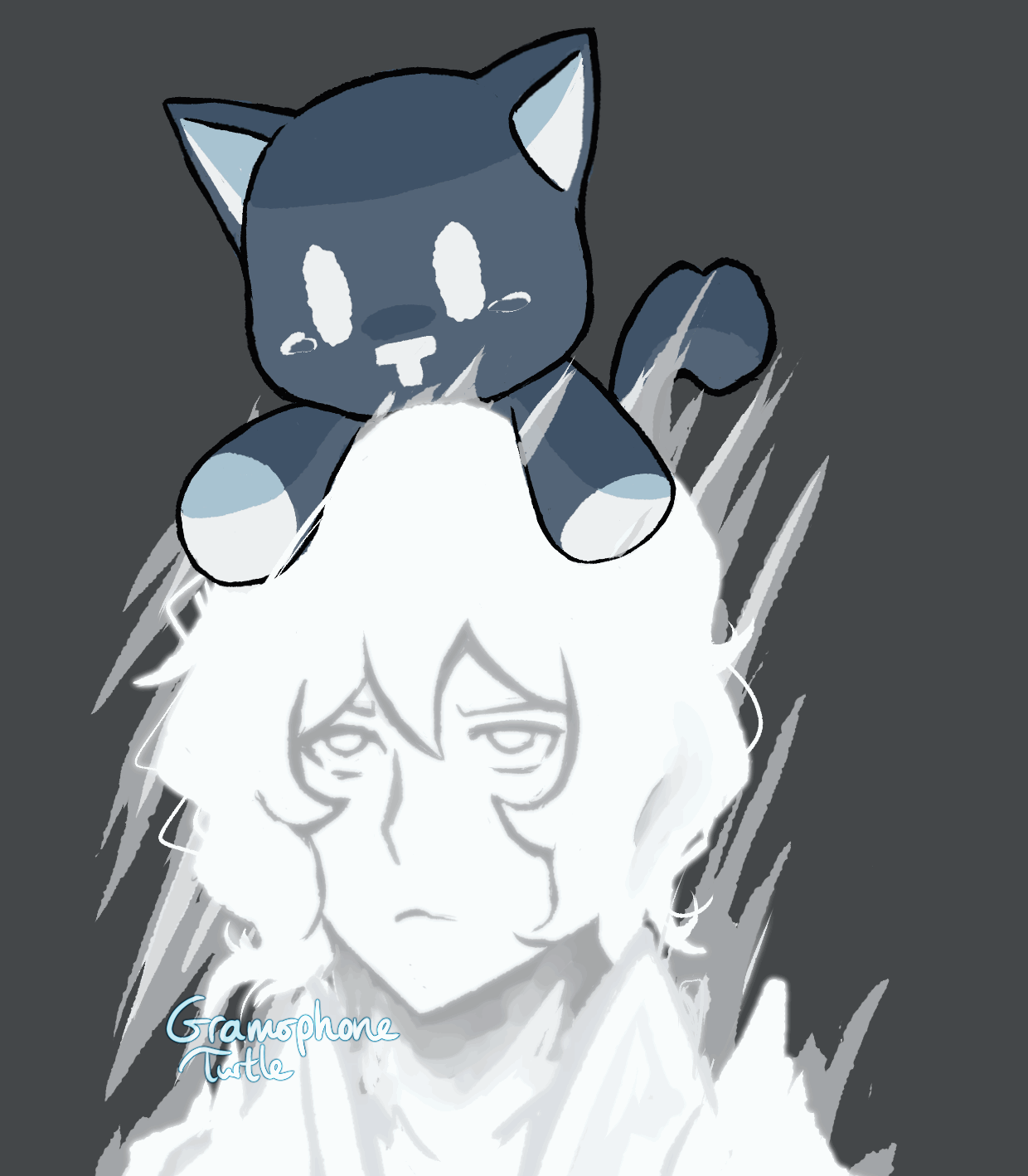 A gif of a Mr. Mew expression roulette. A black cat plushie sits on top of the Composer's head, watching them, as they cycles through shocked, tearful and happy expressions. At their happiest, the glowing figure closes his eyes.