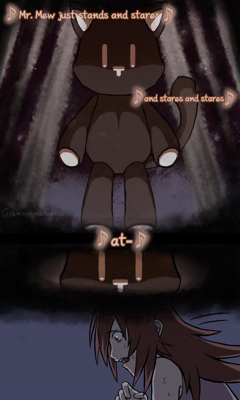 A digital comic of Mr. Mew standing large and imposing in the Room of Reckoning with song lyrics. The lyrics are "Mr. Mew just stands and stares and stares and stares, at-" Suddenly Eri wakes up, covered in sweat & scared.