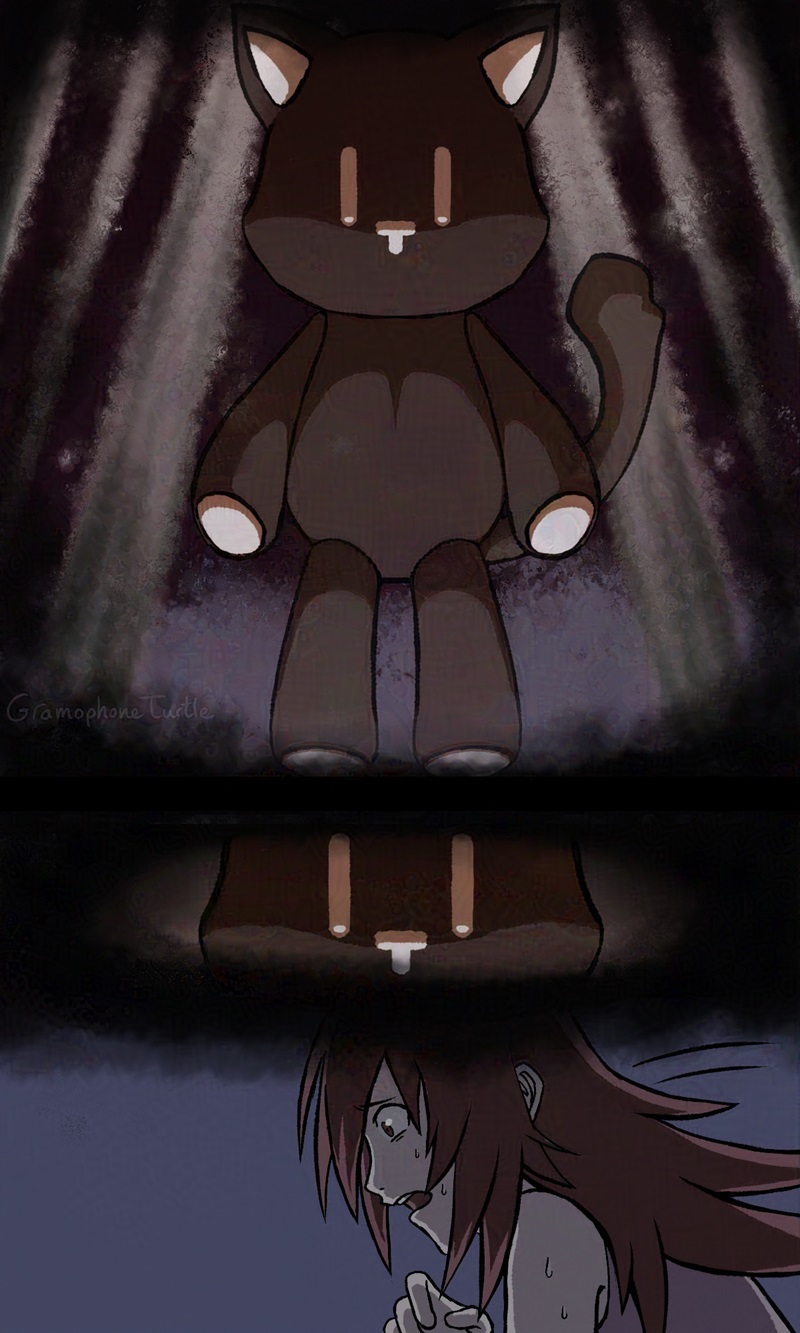 A digital comic of Mr. Mew standing large and imposing in the Room of Reckoning. Suddenly Eri wakes up, covered in sweat & scared.