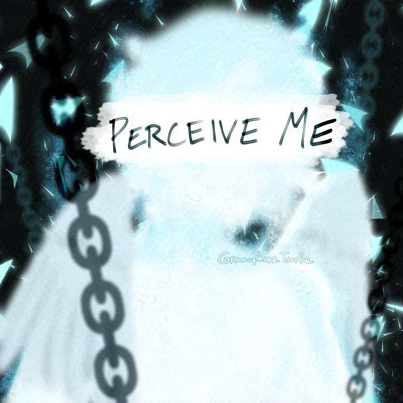 Art of Yoshiya Joshua Kiryu in his Composer form from The World Ends With You, with small angel wings and white paint crossing out his face with the words "PERCEIVE ME" in black/teal over it. His form is white and blurry with light blue shadows, based on animation's version. Chains appear in the foreground & background.
