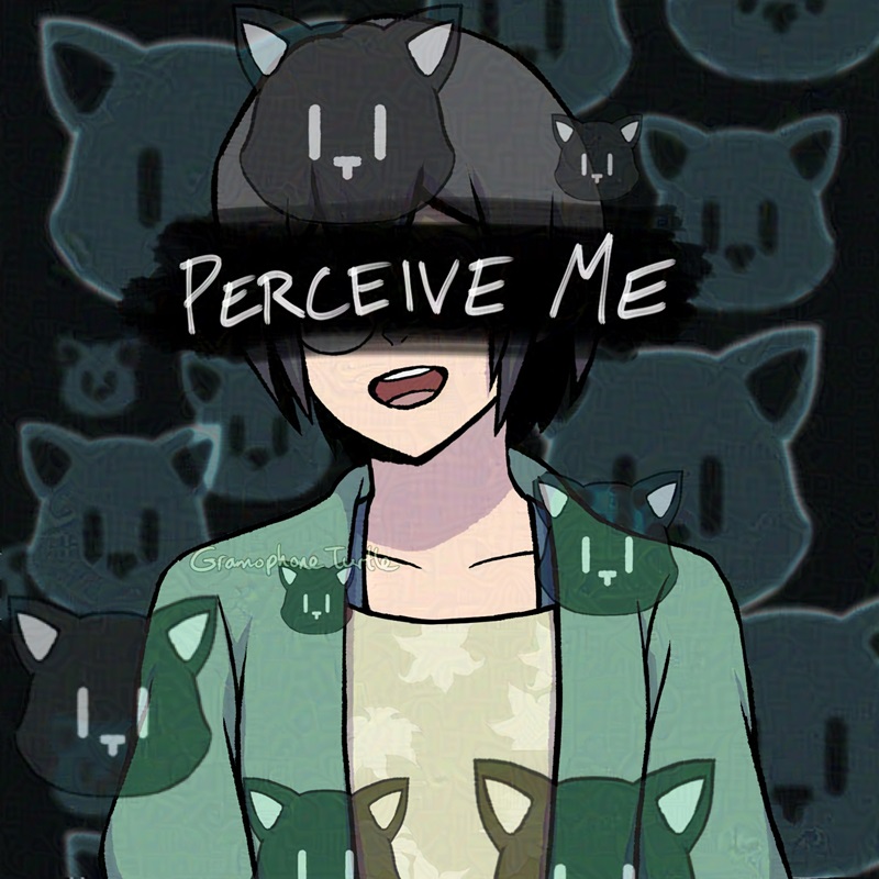 Art of the real Shiki Misaki from The World Ends With You, smiling with black paint crossing out her eyes with the words "PERCEIVE ME" in white over it. There are Mr. Mew - black cats - heads in the background with some layered over top of her.