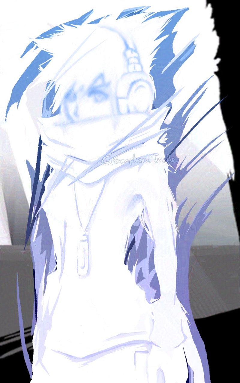 Digital art of Neku from the World Ends With You, from a Composer Neku AU. Composer Neku is in a gradient from blue to purple in the lightened Room of Reckoning. His face is blurred.
