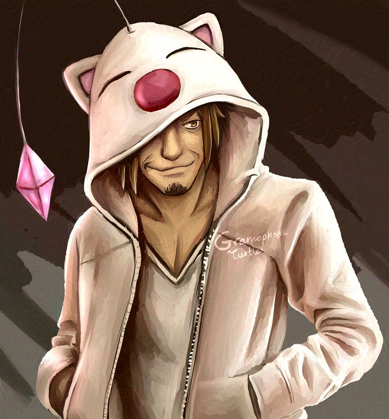 Art of Tanzo Kubo wearing a moogle (Mog) hoodie. He is smiling warmly, looking off to the side.
