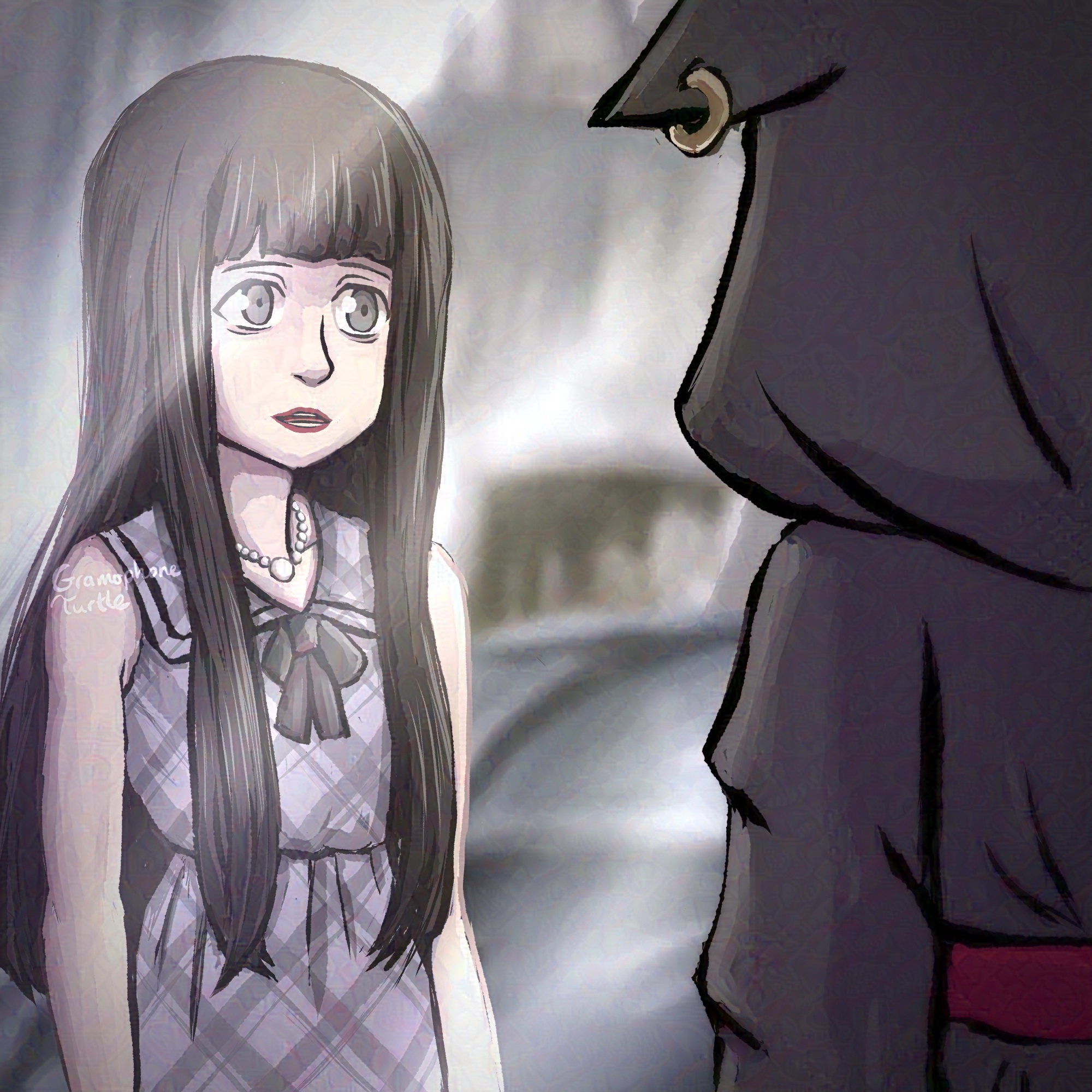 Shoka Sakurane stands outside a shop, looking at a Mr. Mew Gatto Nero coat on display.