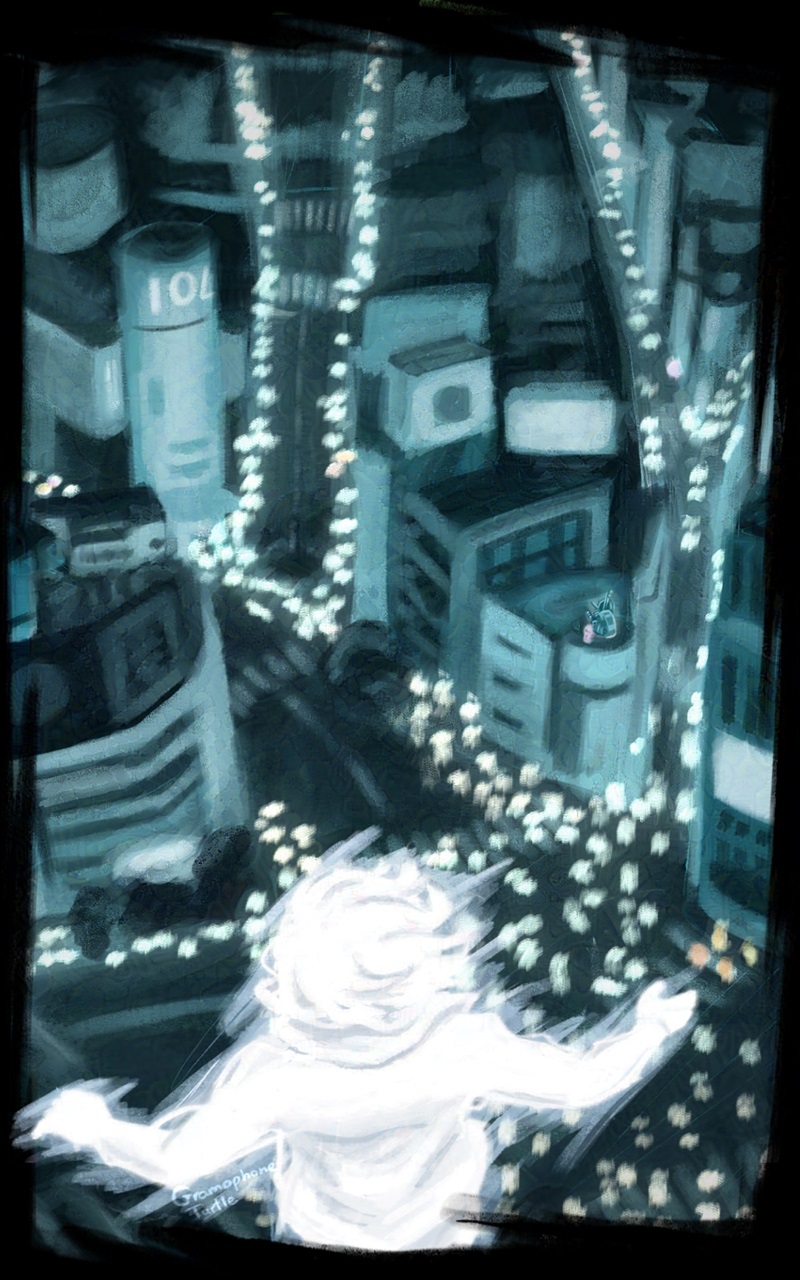 Digital art of a vertical version Joshua in his Composer form floating above the cityscape of Scramble Crossing.