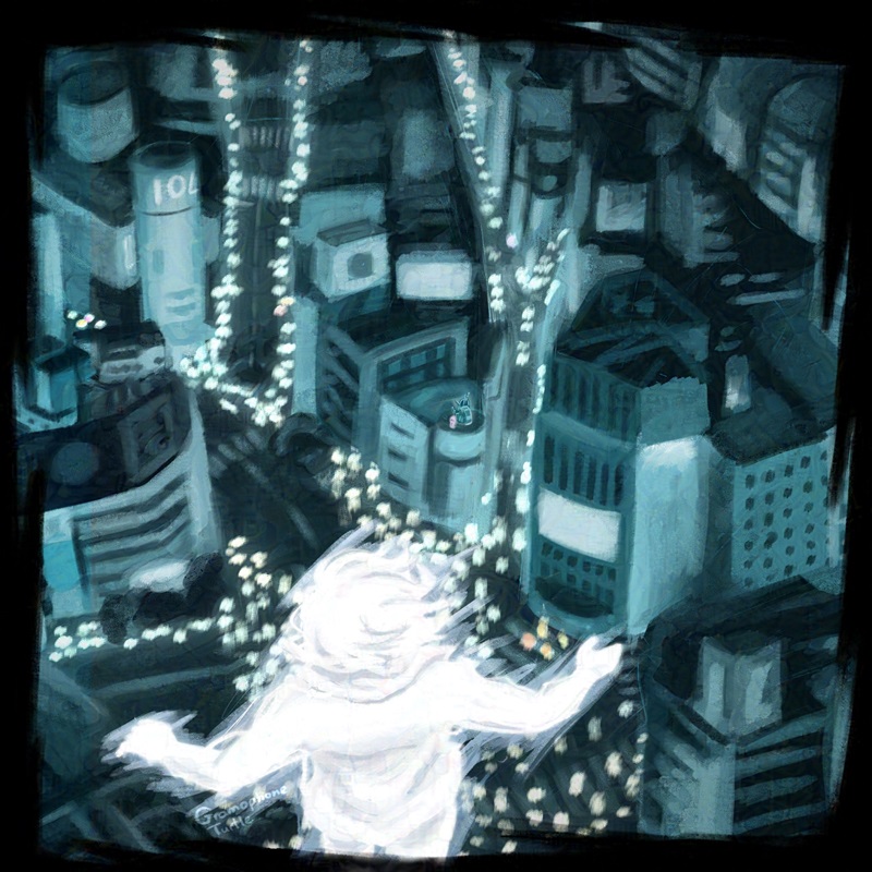Digital art of the full version Joshua in his Composer form floating above the cityscape of Scramble Crossing.