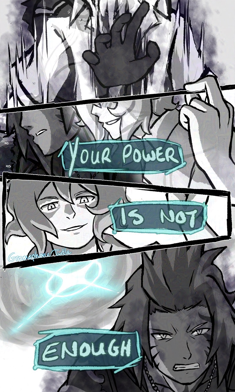 Comic of Sho Minamimoto striking his hand through Joshua who vanishes. Joshua appears beside him and says, "Your power is not enough," as he pulls back and a flash of light appears behind Minamimoto.
