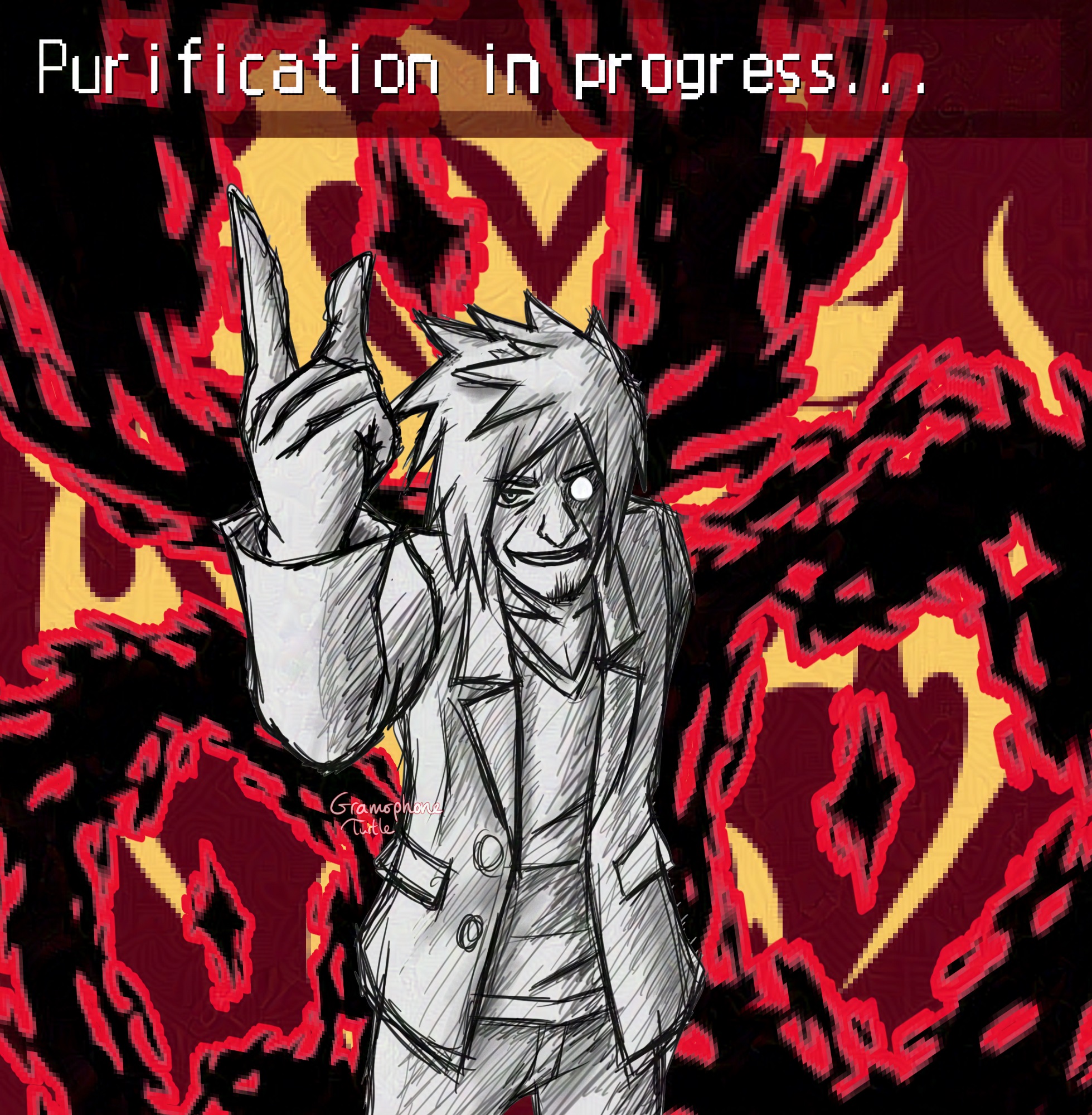 Art of Tanzo Kubo drawn in a grayscale pencil style. The top says "Purification in progress..."