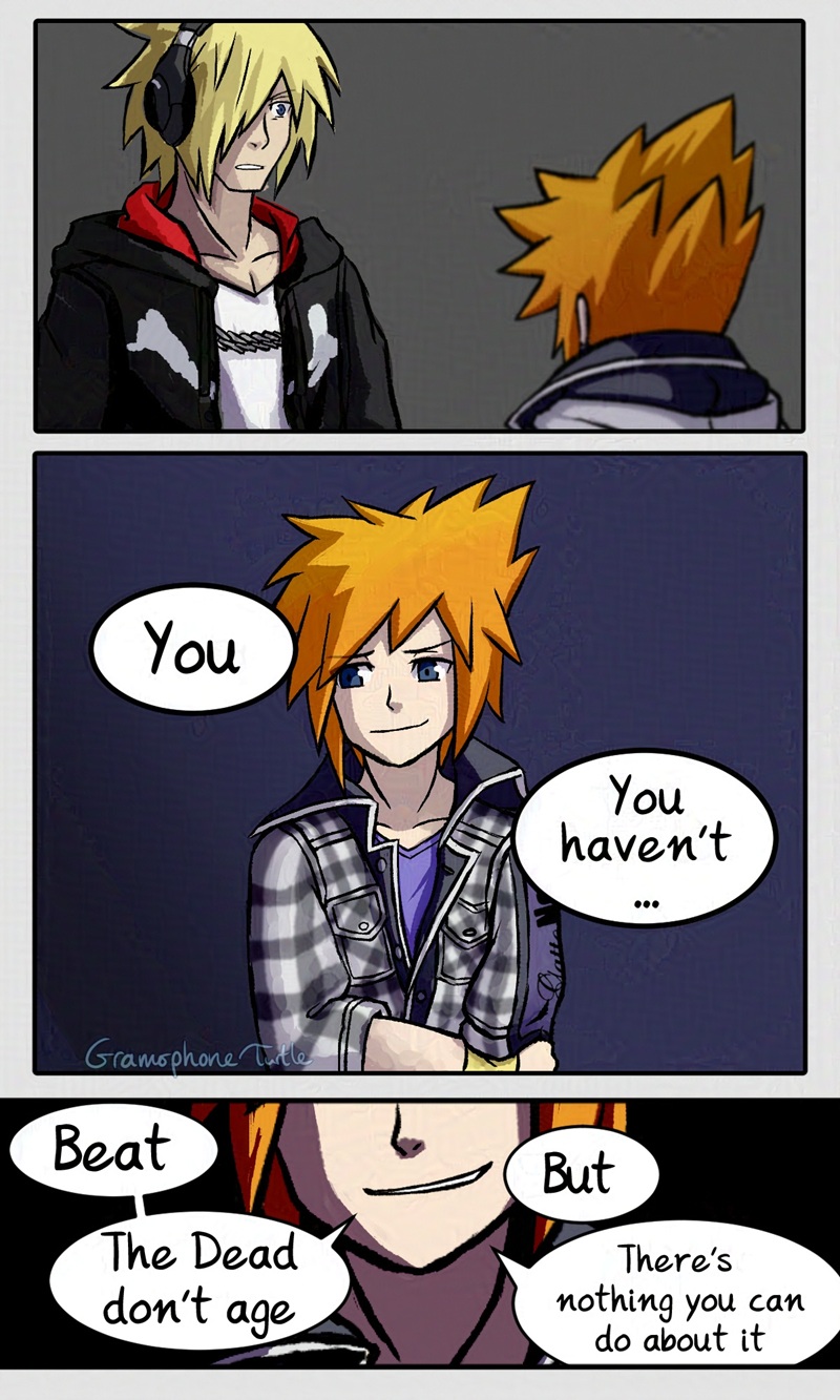 Page 1 of 2 of a digital comic of Beat and Neku from NEO The World Ends With You. Beats sees a shorter, 15 year old Neku. Panel of Neku holding his arm. Beat says "You, You haven't..." Close up on Neku's half smile. Neku says "Beat, the Dead don't age." Beat tries to cut in, "But" Neku cuts him off There's nothing you can do about it"