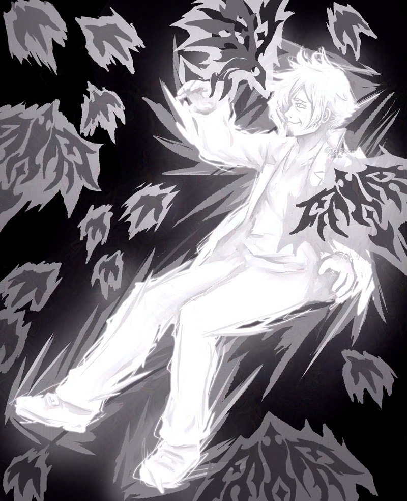 Art of a glowing Kubo with Soul Pulvis flying around. A Soul Pulvis perches on his raised right arm like a bird. In greyscale.