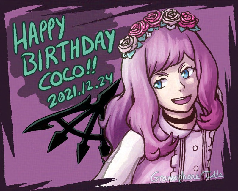 Digital art of Coco Atarashi from a high angle shot. The words "HAPPY BIRTHDAY COCO!! 2021.12.24" are written in green on a pink and purple background.