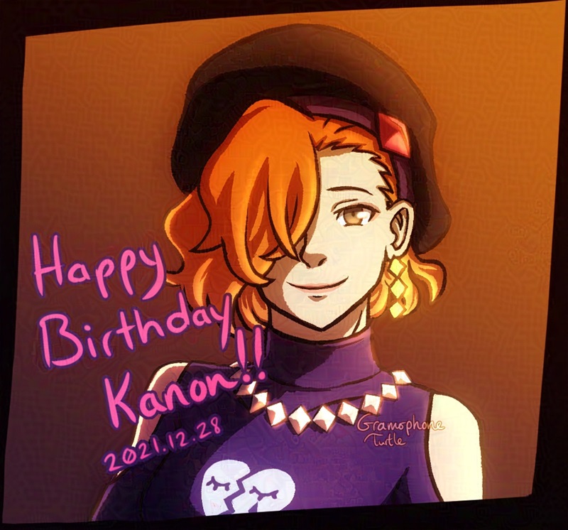 Digital art of Kanon Tachibana with and orange to purple overlay on top. The diamond on her hat, earring and necklace catch the orange light and shines brightly. Written overtop in pink is "Happy Birthday Kanon!! 2021.12.28"