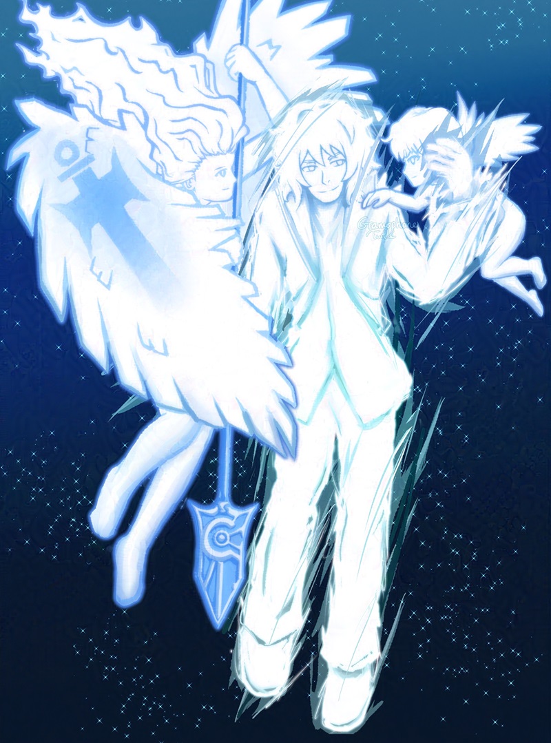 Joshua in his Composer form surrounded by two small angels from The World Ends With You. The long haired Angel is to his right, and the smaller Angel is to his left. There is a starry background behind them.