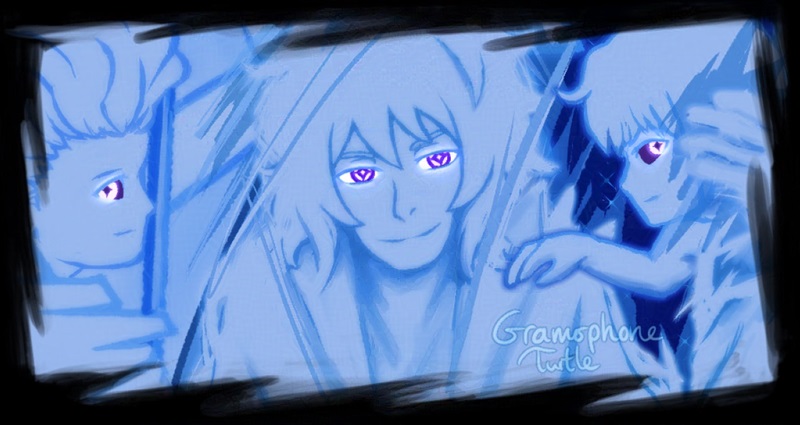 Close up of Joshua in his Composer form surrounded by his two Angel summons from The World Ends With You. The long haired Angel is to his right, and the smaller Angel is to his left. They are looking at the viewer and their eyes are glowing in a darker environment. Joshua has a diamond shape in his iris, surrounding his pupil. His two Angel summons have diamond shaped pupils and darkened sclera. There is a starry background behind them. A black painted border surrounds them.