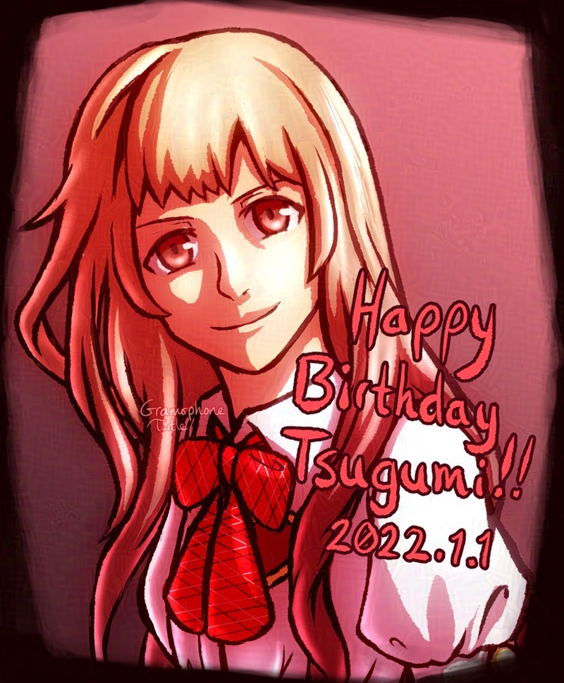 Tsugumi Matsunae looking at the viewer determined without her usual headphones. A red/pink glow covers her. The writing in the picture says "Happy Birthday Tsugumi!! 2022.1.1"