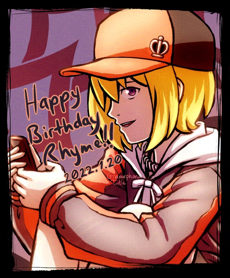 Digital art of Rhyme from NEO The World Ends With You sitting with her knees drawn up and holding her phone. She's looking at the viewer with a smile on her face. Text says "Happy Birthday Rhyme!! 2022.1.20"