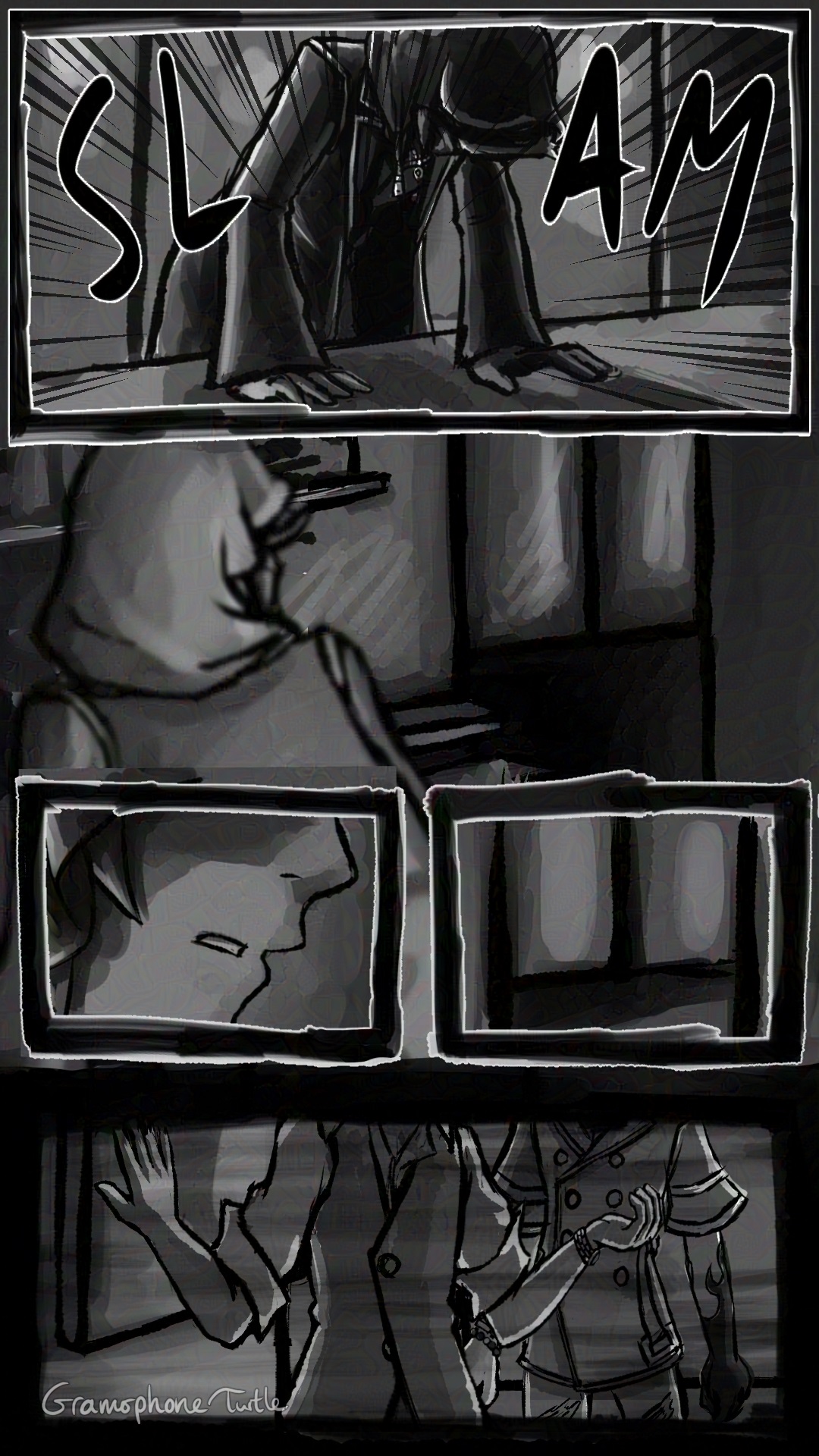 In the first panel Minamimoto slams down on the countertop. In the second panel he looks up to the doors at the back of the café. Third panel is a side view and mouth slightly open. Fourth panel zooms in on the doors he's looking at. Fifth panel is a flashback to Hanekoma leading Sho Minamimoto through the doors.