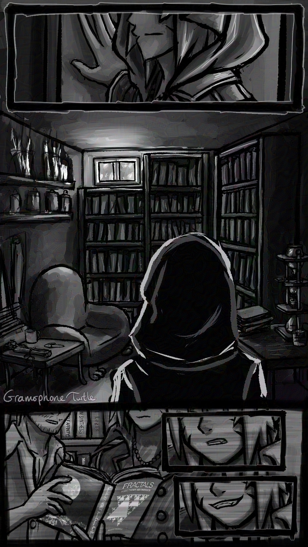First panel, back in the present, Minamimoto pushes open the door. In the second panel, Minamimoto is looking at a small backroom filled with bookcases containing blank books, a chair, tables, a coffee apparatus, and art supplies all over. There is a tiny window at the upper left corner of the room providing some light. The third, fourth and fifth panels are flashbacks. The third is Hanekoma showing Minamimoto a book called "Fractals: Form, Chance and Dimension" by Benoit B. Mandelbrot. In the bookbase behind them some book titles are partially visible: "The Consistency of the Continuum Synthesis" by Kurt Godel, "Liber AL vel Legis" ("The Book of the Law") by Aleister Crowley and a book by Mandelbrot. The fourth is a close up of Minamimoto's mouth looking unsure, the fifth is a fang-y grin.