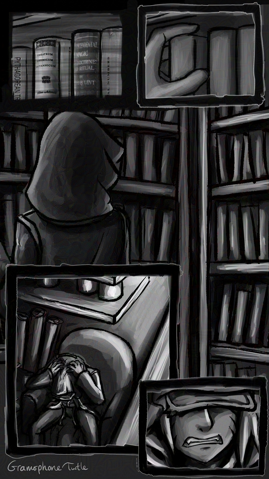 First panel is a flashback of some books on the bookshelf with titles on their spines. The partially visible spines are from the following books: "Pythagorean Triangles" by Waclaw Sierpinski, "Theatrum Chemicum Brittanicum" by Elias Ashmole, "Transcendental Magic" by Eliphas Levi, "Cardinal and Ordinal Numbers" by Waclaw Sierpinski. The second panel is back in present day, with the same shot as the first but the spines are all now blank, and Minamimoto is reaching out to one of the books. The third panel shows Minamimoto looking at the other bookbase, which also has all the book spines blank. In the fourth panel, Minamimoto sits down in the chair by the book cases, head in heads, shown from a high angle. In the fifth panel he looks up, with a mix of anger and frustration, and maybe a bit of hurt, shown by his mouth.