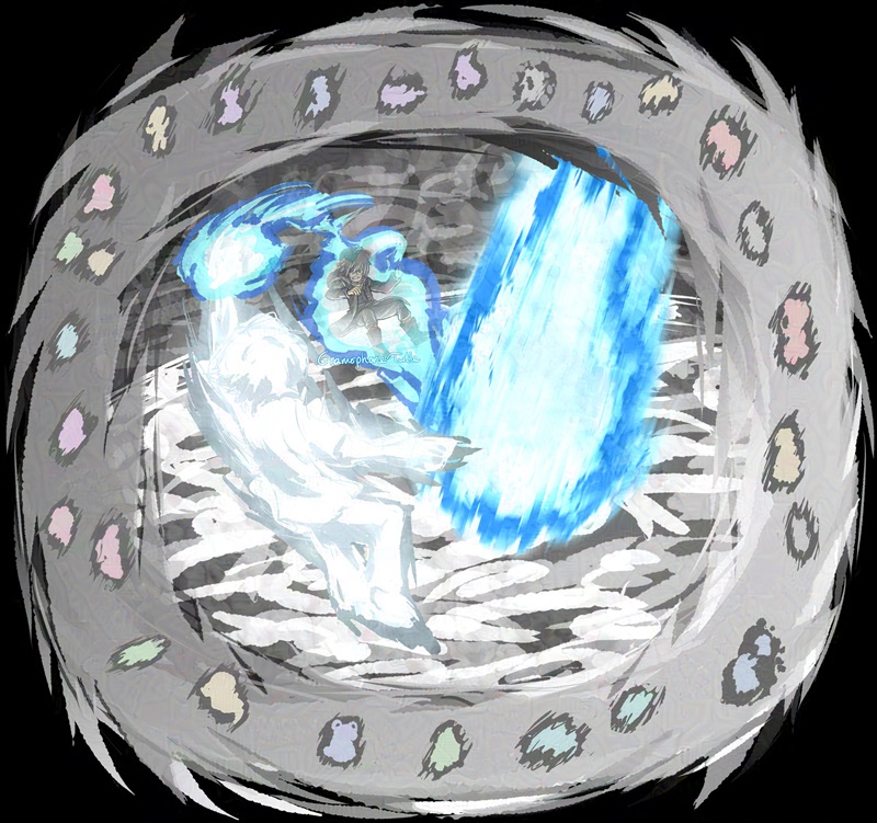 Digital art of Joshua and Minamimoto in a fight against some not visible being throughing a fiery blue ball at them. Joshua telekinetically grabbed Minamimoto and tossed him out of harms way. Minamimoto is frustrated at Joshua. The arena is surrounded by a multilayered scribbly border with glowing Angel Souls watching the fight.
