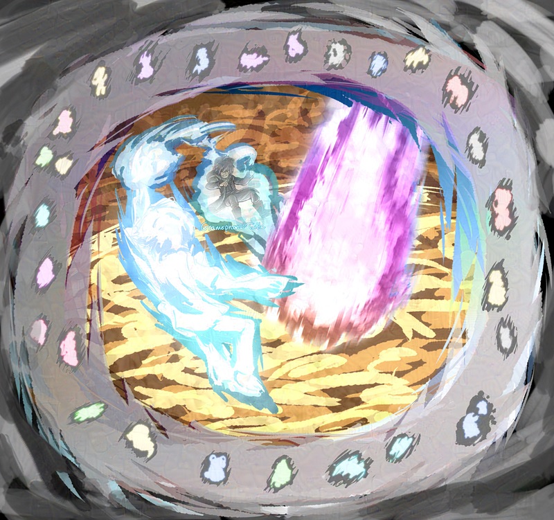 Digital art of Joshua and Minamimoto in a fight against some not visible being throughing a fiery purple and yellow ball at them. Joshua telekinetically grabbed Minamimoto and tossed him out of harms way. Minamimoto is frustrated at Joshua. The arena is surrounded by a multilayered scribbly multicoloured border with glowing Angel Souls watching the fight.