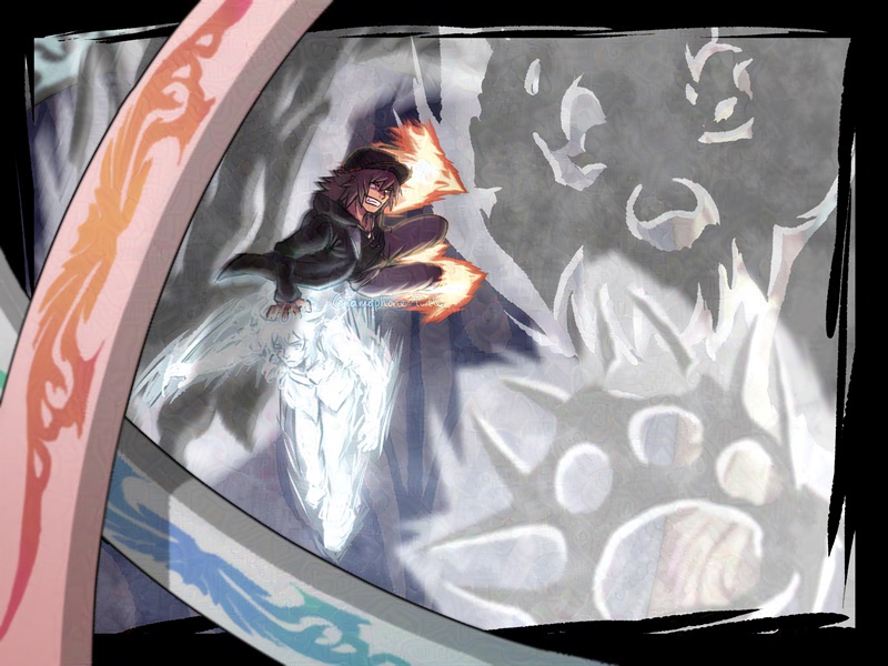 Digital art of Minamimoto vaulting over Joshua in a fight to avoid a swipe from the bear like creature and to launch himself towards the creature to attack it. His right hand is pushing down on Joshua's head and his other hand and two feet are glowing with a fiery colour in the shape of Soul Pulvis. Joshua is displeased by being pushed down. The fight is contained in a black scribbly border with two rings, one red and one blue, circle outside the border.