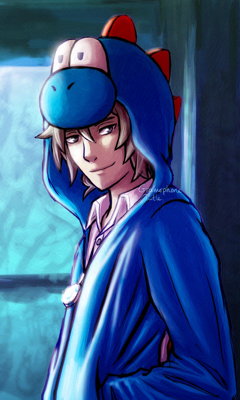 Art of Joshua wearing a light blue Yoshi hoodie, side view, with dramatic rim lighting behind him.