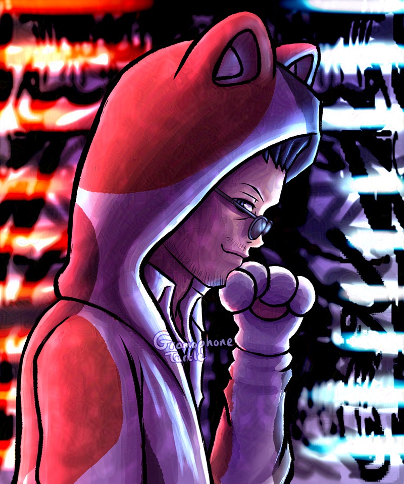Art of Sanae Hanekoma wearing a calico cat hoodie, with red bars and blue bars on the sides lighting him up from behind.