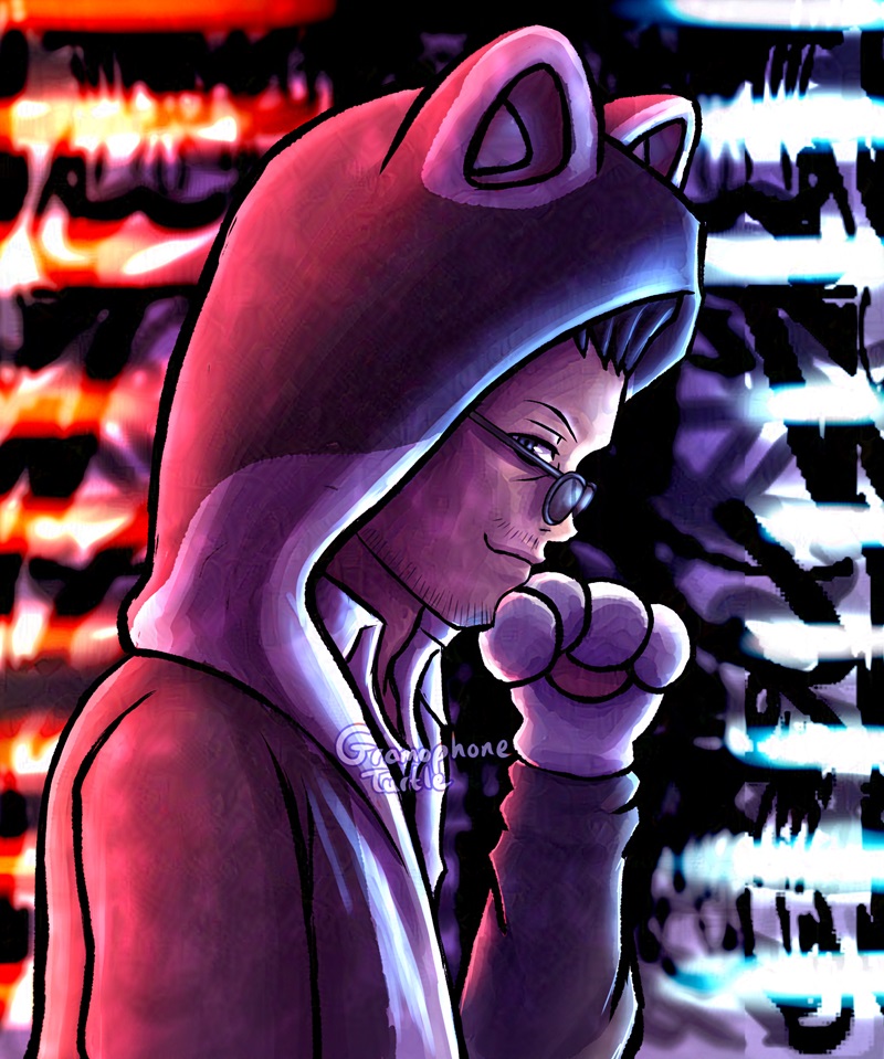 Art of Sanae Hanekoma wearing a black and white cat hoodie, with red bars and blue bars on the sides lighting him up from behind.