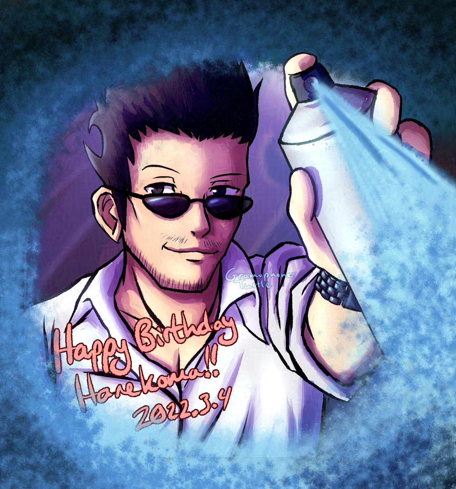 Digital art of Sanae Hanekoma spray painting a border around himself from dark blue to light blue in a counterclockwise circle. The words "Happy Birthday Hanekoma!! 2022.3.4 is written in light red in the bottom right.