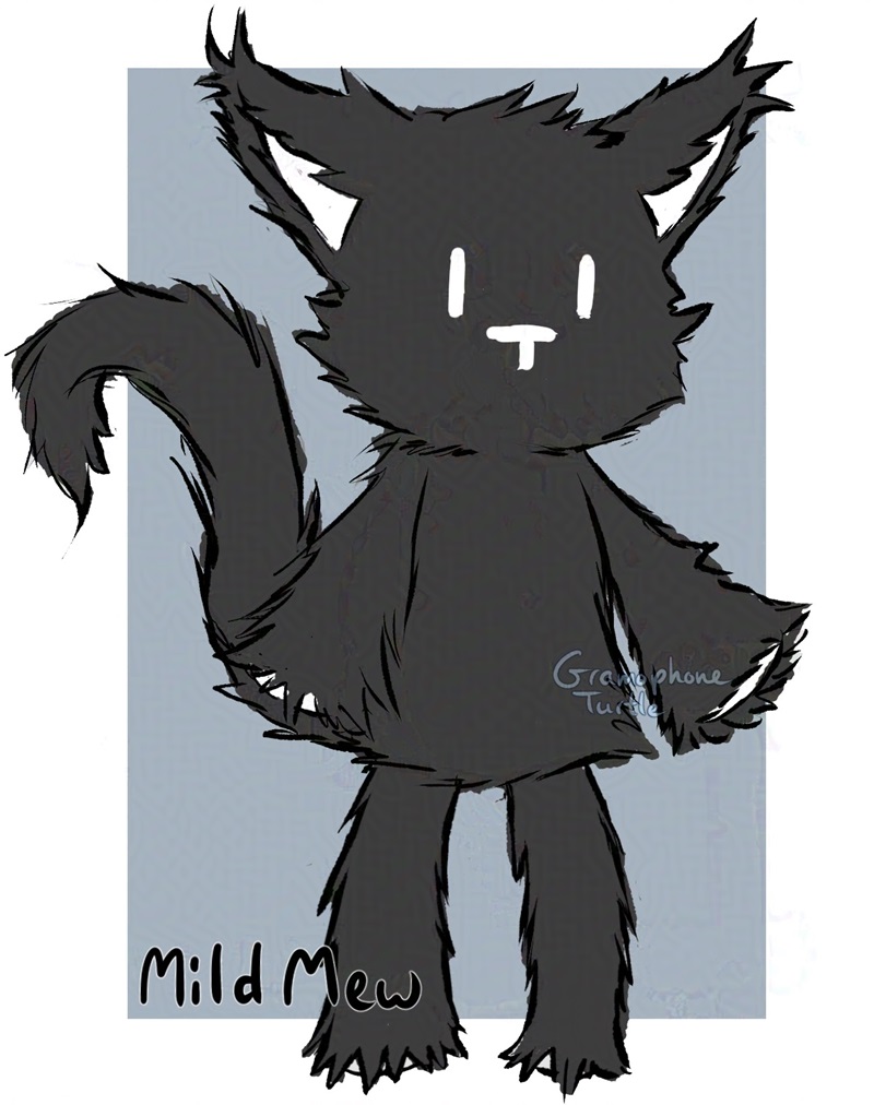 Digital art of a long haired cat like doll called Mr. Mew from The World Ends With You. The background is a blue rectangle on white. The words "Mild Mew" is written in the bottom left.