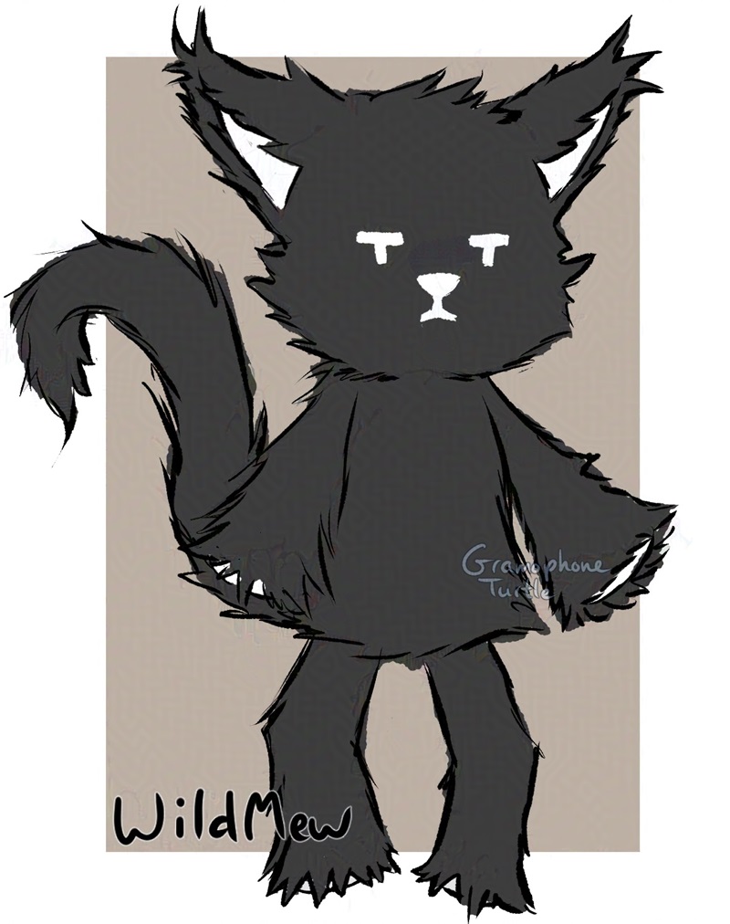 Digital art of a very furry and long haired Mr. Mew from the World Ends With You. Mr. Mew has a short T shaped eyes and triangle shaped cat nose and mouth. The background is a light brown rectangle on white. The words "Wild Mew" is written in the bottom left.