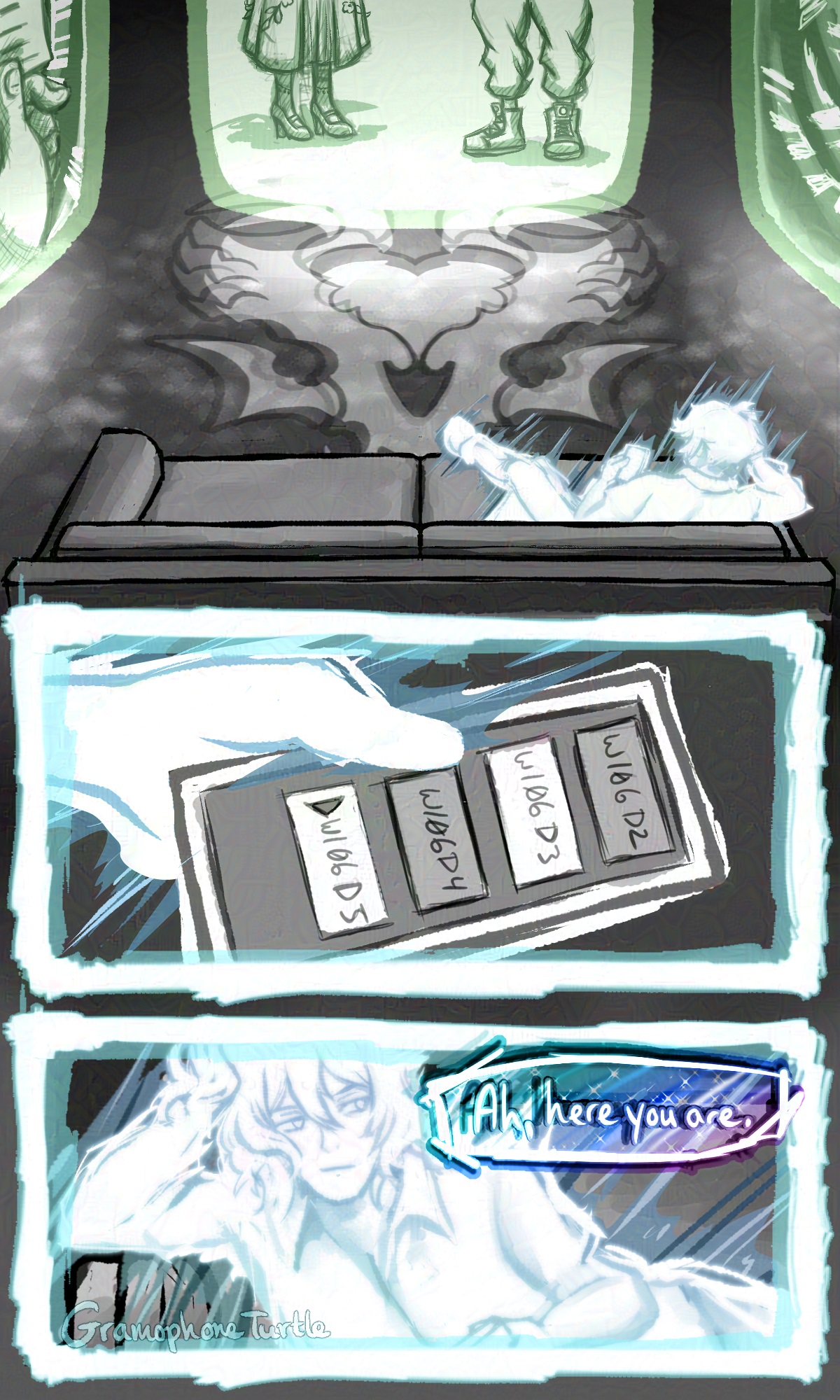 Page 1 of a comic of Joshua watching the events of NEO The World Ends With You during week 3, with someone saying to Joshua "Ah, here you are".