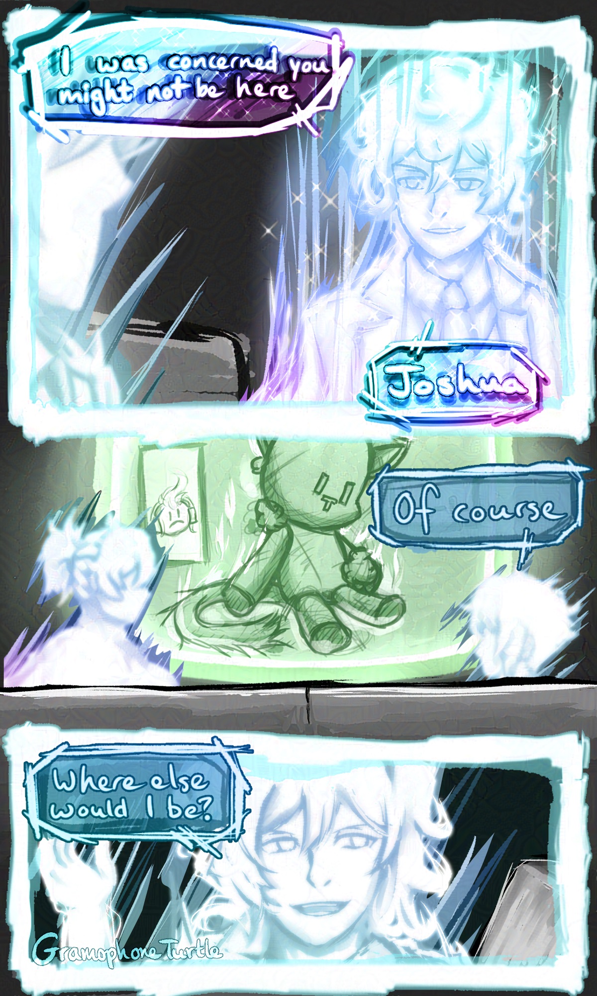 Page 2 of a comic where Mother tells Joshua she is glad to see Joshua is here and not elsewhere. He challenges her, asking where else would he be.