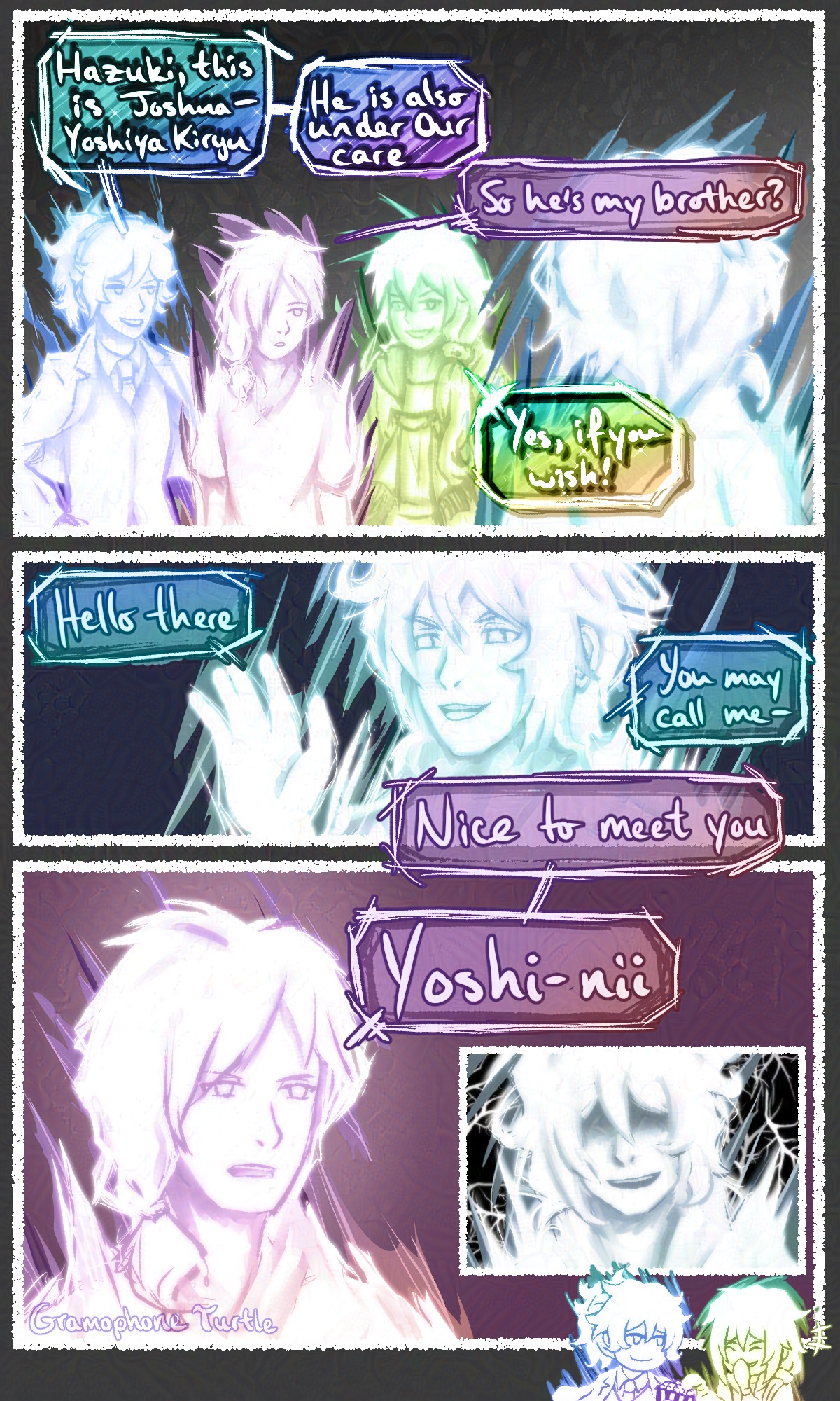 Mother and Father introducing Hazuki to Joshua, all in glowing, angelic forms. Hazuki calls Joshua "Yoshi-nii", shocking Joshua and amusing Mother and Father.