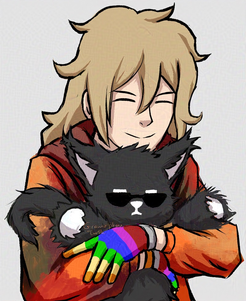 Digital art of a blonde long haired man in an orange/red/green/purple patterned coat with rainbow gloves happily holds a scruffy looking Mr. Mew cat doll to his chest. The Mr. Mew doll is wearing sunglasses and looks not amused.