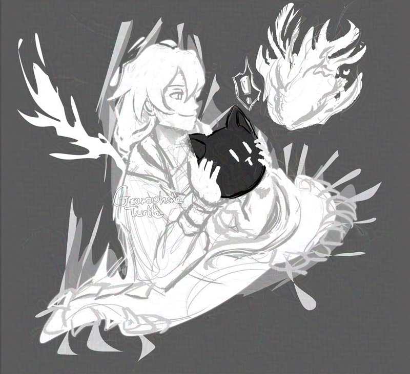 Digital art of a glowing figure with long white hair and flaring coat holds up a black Mr. Mew cat cushion to a fiery orb of white. The glowing orb is surprised by the cushion.