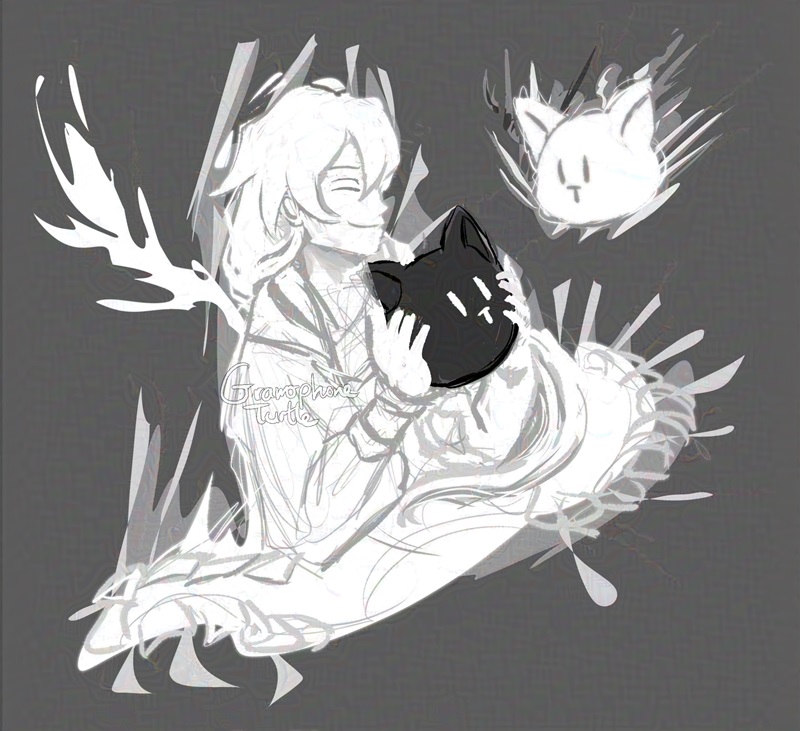 Digital art of a glowing figure with long white hair and flaring coat holds up a black Mr. Mew cat cushion to a white glowing version of the cushion. The glowing figure is happy to see the cat shaped glowing figure.