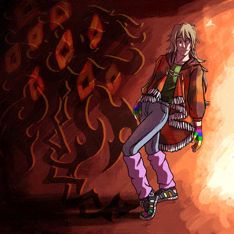 Digital art of a man called Father. He has long blonde half standing half leaning back looking to the left side. He's wearing a green shirt with and orange patchy coat over top, fastened by a gold chain. He's wearing jeggings, pink leg warmers, sneaker sandals and rainbow socks and gloves. His shadow extends left and a black graffiti style jellyfish rises up from it. The background is from left to right is from yellow to orange to red, light to dark.