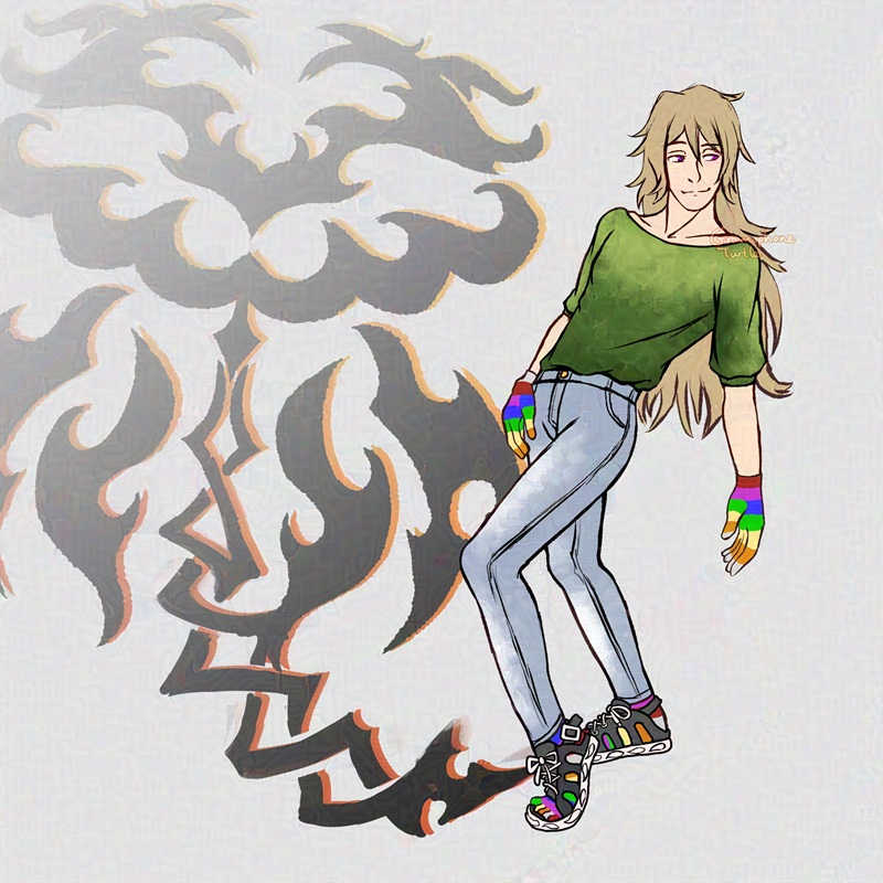 Digital art of a man called Father. He has long blonde half standing half leaning back looking to the left side. He's wearing a green shirt. He's wearing jeggings, sneaker sandals and rainbow socks and gloves. His shadow extends left and a black graffiti style jellyfish rises up from it.