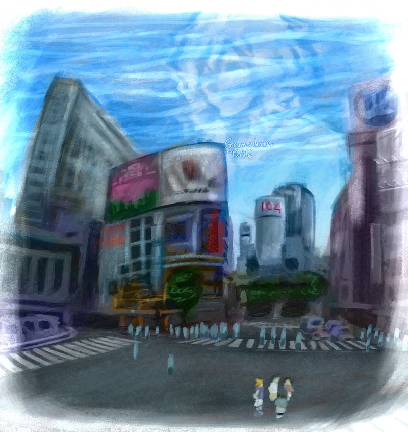Art of Shibuya's Scramble Crossing from The World Ends With You looking out towards the 109, 104 in this this world, building during the daytime. People in the city are generally represented are blue vertical blobs, but the four in the foreground are distinct. Orange hair, purple top, white shorts. Blonde hair, black beanie, white tank top, beige-yellow pants. Blonde hair, black beanie, coral sweater, white shorts. Black hair, green sweater, pale yellow skirt, black leggings. In the sky, there are ripples, and beyond them, watching down and much larger than any of the other buildings, is a white figure with wavey, barely shoulder length hair. His features are difficult to make out. He watches the humans down in the Scramble Crossing.