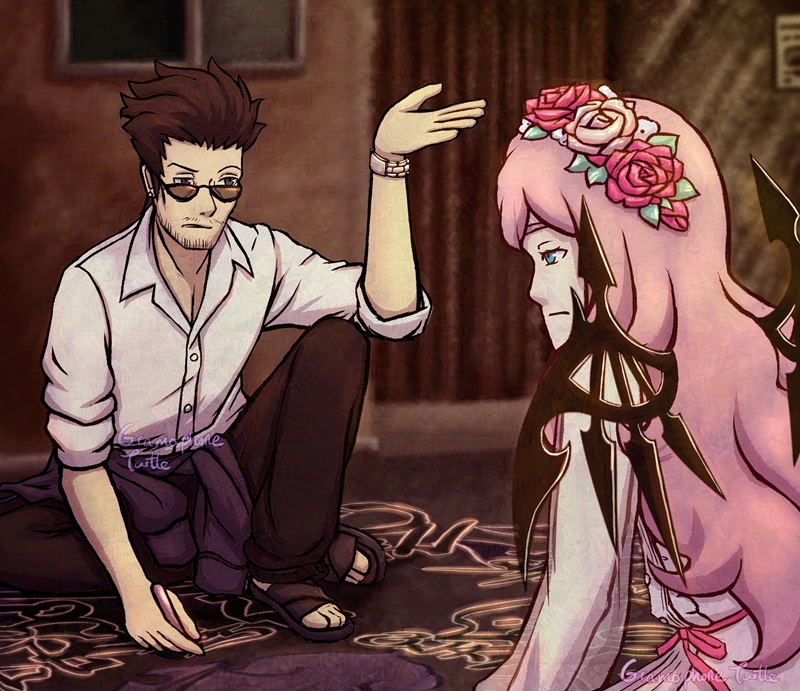 Digital art of Sanae Hanekoma sitting down on the ground across from Coco Atarashi in her NEO pink dress from The World Ends With You. Hanekoma is wearing a white dress shirt, black sweats, and a dark blue hoodies wrapped around his waist. He is drawing Minamimoto's refinery sigil on the ground and has his left arm held out as if lecturing Coco on something. Hanekoma looks at her questioningly and maybe slightly annoyed, while Coco is very much not amused by Hanekoma.