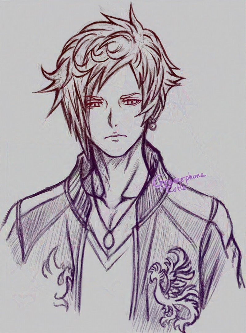 Sketch of Hazuki Mikagi from NEO: The World Ends With You drawn in a pencil style with a gradient from faded red in the top left to purple in the bottom right. He's looking down opened and eye brows furrowed.